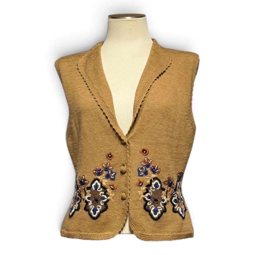 Koret Lambswool Angora Rabbit Sweater Vest Vintage Brown Tan Blue Flower Large
